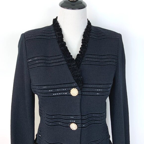 St. John Evening Black Sparkle Ruffle Jacket Santana Knit Sz 2-4 - Picture 10 of 16